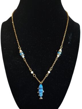 Gold Tone Fish And Faux Pearl Necklace